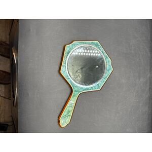 Vintage Art Deco Jadeite Green Celluloid Hand Mirror 11"-Faux Tortoise